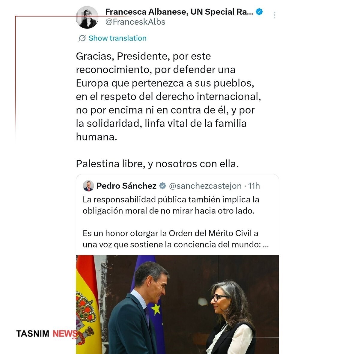 اهدای معتبرترین نشان‌ِ افتخار اسپانیا از سوی نخست‌وزیر این کشور به «فرانچسکا آلبانیز»، گزارشگر آزاده سازمان ملل در پرونده نسل‌کشی غزه